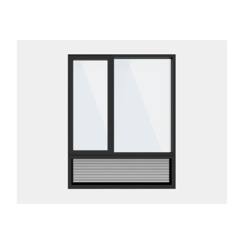 PTAC window with fixed glazing above an aluminum louver panel
